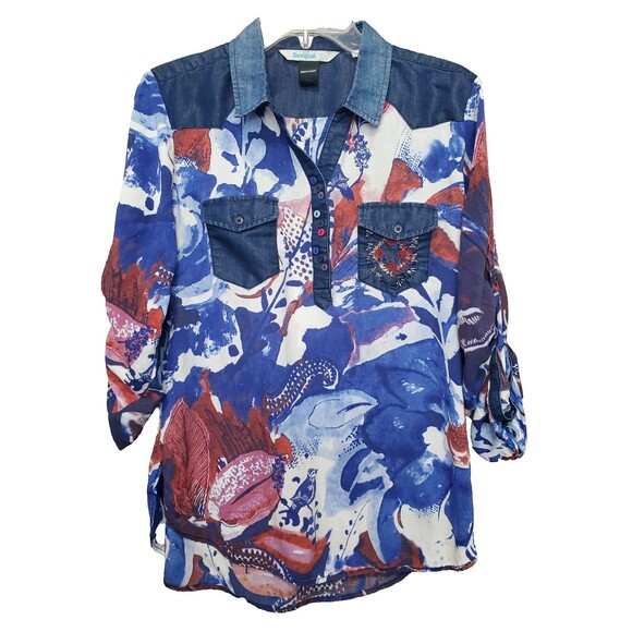 Desigual Tops - Desigual Women's Mila Woven Nature Print Embroidered Pocket Henley Popover Sz L
